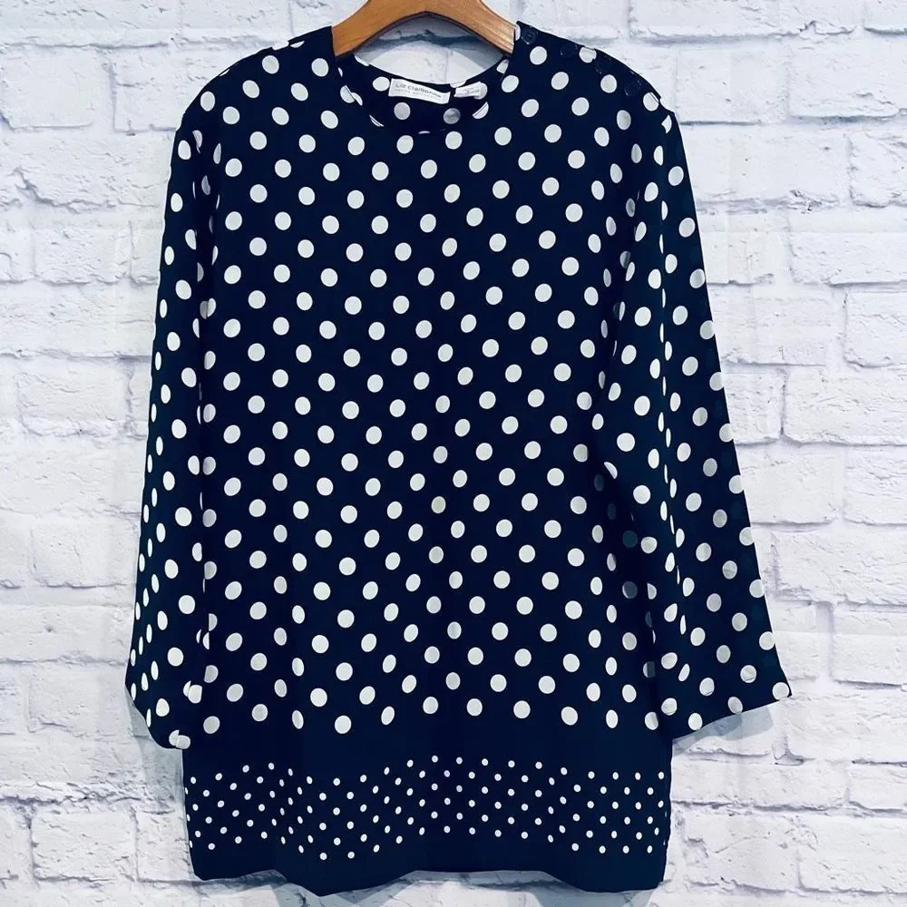 Liz Claiborne Petite Blue Polka‎ Dot Tunic Top Long Sleeve